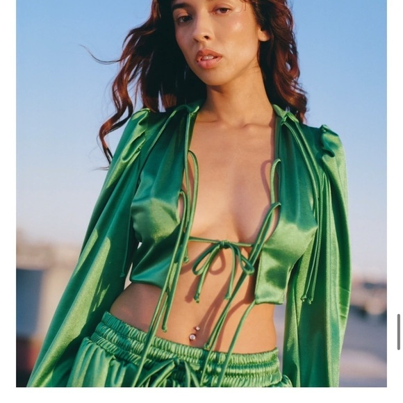 𝅺LAINA Rauma Pants Green S Small Satin Drawstring Pant Trouser Club Bed - Picture 3 of 14